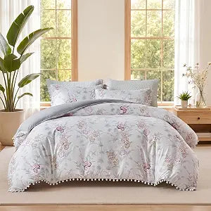 MURT Duvet Cover Queen Size, 3 Piece Boho Bohemian Farmhouse Pom Microfiber Bedding Comforter Cover Set, Soft and Lightweight Quilt Cover