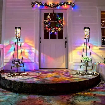 Outdoor Lamps for Patio 2 Pack, Outdoor Floor Lamp with Plant Stand, Solar Powered RGB Outdoor Lights, Waterproof Standing Lamp for Garden Yard Dcor, Stained Glass Decorative Lamp, Gift for Women Mom
