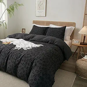 Tufted Duvet Cover Set Twin Size, Soft and Washed Microfiber Duvet Cover with Button Closure & Pillowcase for All Seasons, Lightweight Leopard Print Textured, Comforter Not Included(Black,68"x90")