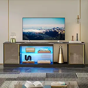 Bestier Black Marble RGB LED TV Stand for 65-75 Inch TV, 70.87" Farmhouse Entertainment Center with Tempered Glass Shelves & Storage Cabinets, Anti-Tip Media Console for Living Room Bedroom