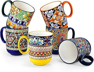 vancasso Simi Boho Coffee Mugs Set of 6, 14 oz Ceramic Mugs with Handle, Colorful Porcelain Cups Microwave Dishwasher Safe, for Latte Tea Cappuccino Cocoa Hot Chocolate