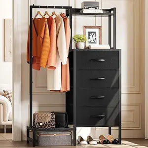 Yoobure Black Dresser with Hanging Rack - Small Closet with 4 Fabric Storage Drawers, 44" H Dresser with Clothes Rack, Chest of Drawer, Kids Dressers for Bedroom, Dorm, Living Room, Sturdy Frame