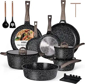 USELUCK Pots and Pans Set Non Stick Non-Toxic 22 Pcs Ceramic Cookware Sets Nonstick Kitchen Pot&Pan With Lid Jet Black Granite Induction Compatible with Glass Lids Crepe Frying Pan PFOA/PFOS-Free