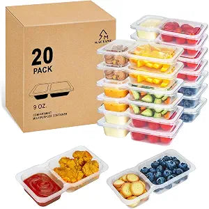 MACTANO Reusable Snack Containers with Lids, 9 oz Double Compartment Plastic Snack Pack Containers Portion Control Meal Prep Snack Boxes BPA Free 20 Sets for Work Travel School