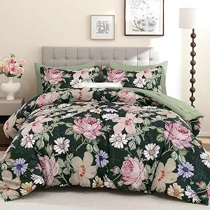 Luxudecor Queen Floral Comforter Set-7 Pieces Bed in a Bag,Pink Flowers Print on Dark Green Bedding Set,Soft Microfiber Comforter with Sheets for All Seasons (Dark Green-Pink,90"x90")