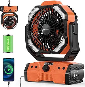 Easywave Camping Fan with LED Lantern: 30000mAh Rechargeable Battery Powered Outdoor Tent, Oscillating Fan with 360┬░ Hanging Hook, Personal USB Desk Fan for Camping, Power Outage, Hurricane, Jobsite