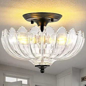 Clear Glass Ceiling Light Fixture - Handmade Art Glass Semi Flush Mount Lighting with 3 E26 Bases, Crystal-Like Transparency for Bedroom Kitchen Hallway, Modern Vintage Home Decor