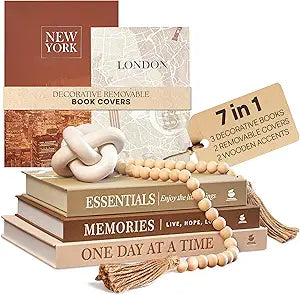 JULZEN Linen Decorative Books for Home Decor - Aesthetic Set of 3 Beige Fake Books for Coffee Table Decor with Faux Book Box Storage, Wood Knot & Bead Garland - Neutral Living Room Decoration