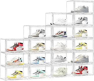 MMBABY 12 Pack Acrylic Clear Shoe Boxes Ultra Clear Plastic Stackable Sneaker Storage For Sneakerhead. Professional Grade Shoe Display Case with Magnetic Door.Fits US Size 15