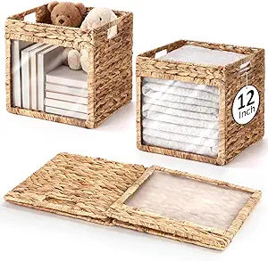 Zhehao 2 Pcs Water Hyacinth Storage Baskets with Window 12 Inch Wicker Storage Basket Collapsible Cube Organizers for Bathroom, Bedroom, Laundry, Pantry, Shelves