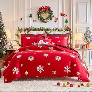 Flysheep Christmas Duvet Cover Set Queen Size, White Snowflake on Red Xmas Holiday Pattern Design, Soft Microfiber Duvet Cover with Zipper Closure, Includes 1 Duvet Cover and 2 Pillow Shams