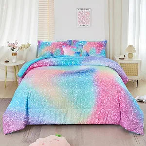 RYNGHIPY Twin Girls Comforter Set Colorful Rainbow Bed in A Bag for Girls Kids 6 Piece Ombre Galaxy Glitter Bedding Set