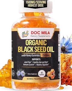Organic Black Seed Oil Gummies 1500mg - Black Seed Oil Softgels Capsules with Honey, Pineapple Flavor - 90 Gummies.