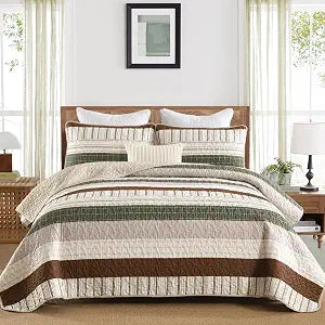 DJY Striped Quilt Set Queen Size Brown Green Boho Patchwork Bedding Set