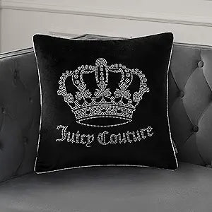 Juicy Couture Square 1-Piece Living Room and Bedroom Dcor, Premium Throw Pillow, 20"x20", Black Rhinestone Crown