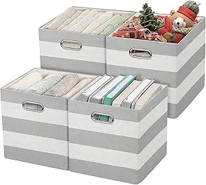 Posprica 3X Thicker Storage Bins Storage Cubes,1111 Collapsible Storage Boxes Containers Organizer Baskets for Nursery,Office,Closet,Shelf - 4pcs, Grey-white Striped