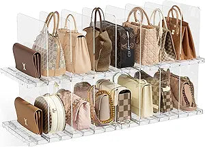 JOYZAN Stackable Purse Organizer for Closet, Adjustable Shelf Dividers for Closet Organizer Clear Acrylic Closet Purse Organizer Detachable Handbag Storage Separator Dividers for Home, Office - 4 Pack
