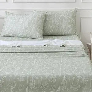 100% Natural Cotton Percale Sheets Set,Queen Size 4 PC, Breathable&Durable Hotel Quality Bedding, 16" Deep Pocket Botanical Floral Bedsheets,Sage Green