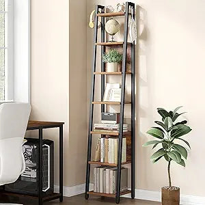 Hzuaneri Ladder Shelf, 7-Tier Narrow Bookshelf with 2 Back Panels, Industrial Ladder Shelf with 2 Hooks, for Home Office, Living Room and Bedroom, 12.2" D x 12.2" W x74.2''H, Rustic Brown BC31701B