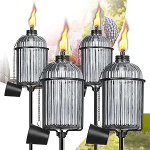 4 Pack Gray Glass Garden Torch, Colorful Outdoor Torch Garden Dcor,61-Inch Upgraded Citronella Torches with 3-Prong Grounded Stake, Metal Light Torches for Party Patio Pathway