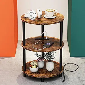 Small Round Side Table - 3-Tier Oval Accent Table for Small Spaces, Rustic Wood and Metal Nightstand for Living Room or Bedroom, with Built-in USB Ports and Power Outlet, Rustic Brown
