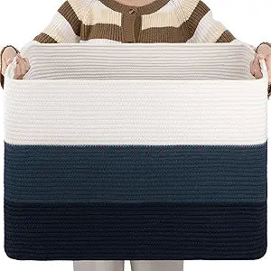 OIAHOMY 108L Large Cotton Rope Basket, Rectangle Woven Baskets for Storage, Nursery Blanket Storage Living Room, Toy Basket With Handle-25x16x16-Gradient Blue