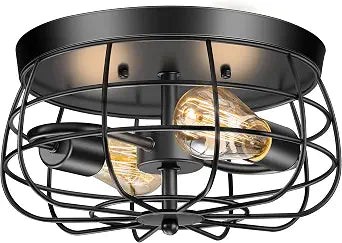 Lomoky 2-Light Farmhouse Ceiling Light Fixtures, Industrial Hallway Light, Vintage Black Metal Cage Ceiling Lamp for Living Room, Kitchen, Bedroom