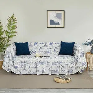 Sofa Cover Classic French Village Printed Linen Soft Decorative Ruffle Trim,Toile Blue Retro Farmhouse Vintage Sofa Slipcover Couch Cover Furniture Protector for 2-3 Cushion Sofa Blue 71x134 Inch