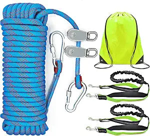 Dog Tie Out Cable for Camping, Dog Trolley System and 4ft Bungee Leash for Dogs Up to 400lbs, Suitable for Camping, Yard and Outdoor Events (Blue 2dogs, 100Ft)