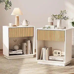 Fluted Nightstands Set of 2, Modern Bedside Table with Drawer and Storage Shelf, Wood End Table Mid Century Night Stands for Bedroom Living Room Sofa Couch Office (White+Oak)