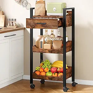 Hoctieon 3-Tier Rolling Storage Cart with Drawer, Rolling Utility Cart Organizer, Mobile Shelving Unit with Wheels, Metal Frame, Kitchen Utility Cart for Small Space, Office, Bathroom, Rustic Brown