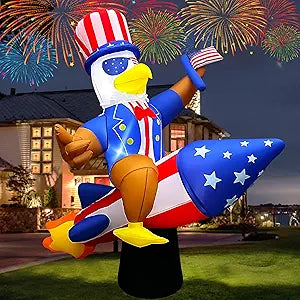 SEASONBLOW 6 Ft 4th of July Inflatables Outdoor Decorations, Eagle on Rocket Decoration LED Light Blow Up Patriotic Memorial Day 250th Anniversary Decor for Lawn Yard Garden Home Independence Day