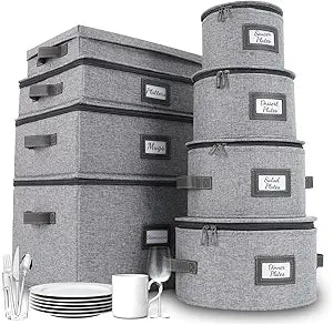 HOMELUX THEORY Hard Shell China Storage Containers, 8pc Light Gray Mug & Plate Storage Box, Kitchen Storage Bins With Lids, Heavy Duty Moving Box with Handles for Dishes, Silverware, Cup & Mug