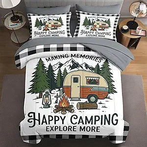 WeCozy Queen Size Rv Comforter Set with 2 Pillowcases & 2 Shams, Happy Camping Vintage 7 Pcs Bedding Set for Kids and Adults, Mountain Nature Bed in a Bag with Flat Sheet and Fitted Sheet