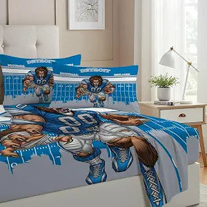 Allenjoy Detroit American Football Blue Roar Sheets Set with Fitted Sheet, Flat Sheet and 1 Pillowcase for Brother Son Fans Men Teens Bedding Bedroom Decor, Twin Size