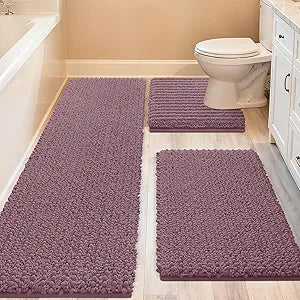 ACCUMTEK Upgrade Extra Large Mauve Bathroom Rug Set 3 Pieces Ultra Soft, Thick Absorbent Bath Mats, Non Slip Chenille Toilet Mat for Bathroom, Bedroom, Kitchen
