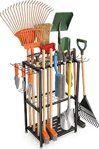 Faesun Garden Tool Organizer, 3-Tier Metal Yard Tool Rack with 14 Hooks & 5 Slots, Holds 50+ Rakes/Shovels/Brooms, Heavy Duty Freestanding Lawn Tool Storage for Garage Shed Outdoor Organization