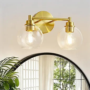 Bathroom Light Fixtures, Vanity Lights for Bathroom 2-Light Gold, Bathroom Lighting Fixtures Over Mirror with Clear Glass Globe Shade, Bathroom Vanity Light for Living Room Kitchen Bedroom Hallway