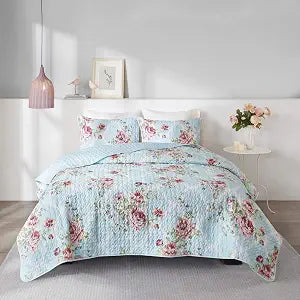 Comfort Spaces Reversible Quilt Set-Vermicelli Stitching Design All Season, Lightweight, Coverlet Bedspread Bedding, Matching Shams, King/Cal King (104 in x 90 in), Natalie Floral Blue 3 Piece