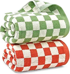 Jacquotha Checkered Bath Towels for Bathroom Decor, 2 Pack Shower Towels 55" x 27.5", Super Soft and Quick Dry (Orange + Green), Colorful for Swim Pool Beach