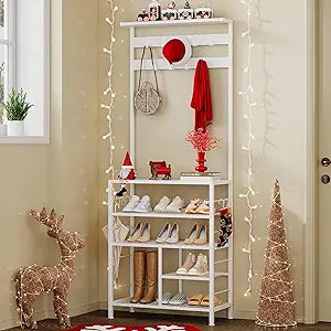 GiftGo Modern White Large 5-Tier Hall Tree Entryway Wooden Shoes Rack Shelf Coat Rack with Movable 9 Metal Hooks Storage Organizer for Home Office Bedroom Mudroom Living Room