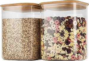 D2scrma 115oz Airtight Glass Square Storage Canister with Bamboo Lid Set of 2(3400ml*2) Large Storage Container Gallon Glass Jars, for Sugar, Flour, and Coffee bean (with Black Lable)