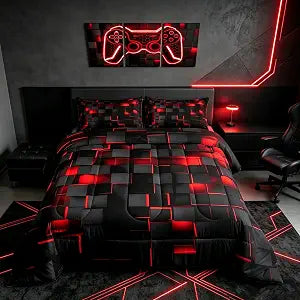 Feelyou Red and Black Bedding Set Twin Size Light Geometric Comforter Set for Kids Boys Girls Decor Comforter Modern Duvet Set with 1 Pillow Case