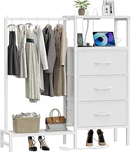 Dresser for Bedroom with Hanging Rack, 3 Drawers Closet with Charging Station, Fabric Chest of Drawers with Clothes Rack, Storage Organzier for Hallway Entryway, White