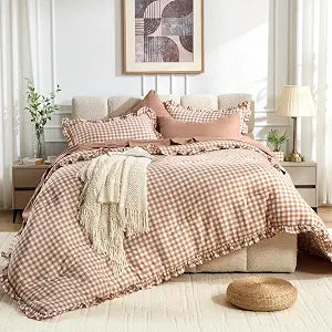 BDEUS 7 Pieces Gingham Ruffle Comforter Set Queen Size, Brown Grid Tartan Bedding Set, Soft Breathable Fabric Comforter with Flat Sheet, Fitted Sheet, 2 Pillowcases & 2 Shams, 88"X88"