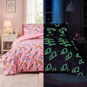 Glow in The Dark Kids Comforter Set, 5 Piece Twin Size Bed in a Bag for Girls, Soft Pink Unicorn Bedding Set with Sheets Pillow Sham, Complete Bedroom Decor