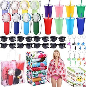56 Pcs Summer Teacher Gifts Bulk End of Year Teacher Gifts Sunglasses Mini Handheld Fan Plastic Tumbler Graduation Card Beach Towel Bottle Opener with Bag Thank You Appreciation Favor, 8 Sets