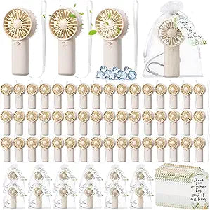 50 Set Wedding Mini Handheld Fans for Guests Bulk, Portable Battery Operated Small Cooling Fans with Thank You Cards & Organza Bags, Perfect for Summer Outdoor Bridal Shower Party Favors (White)