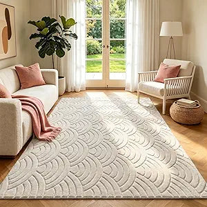 SHACOS Soft Cozy Fluffy Arch Waves Pattern High-Low Textured Area Rug 5'x7' Non Slip Washable Minimalist Modern Graphic Rainbow Carpet for Living Room Bedroom Bathroom Dining Room, Cream
