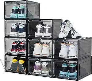 ZLLZUU 9 Pack X-Large Shoe Organizer, Thicken&Sturdy Shoe Storage Box with Clear Magnetic Door, Stackable Shoe Box with Solid Plastic, Shoe Organizer for Closet (Black)